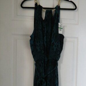 NWT Thalia Sodi Blue Teal Snakeskin Gold Halter Pant Jumpsuit Size L Large